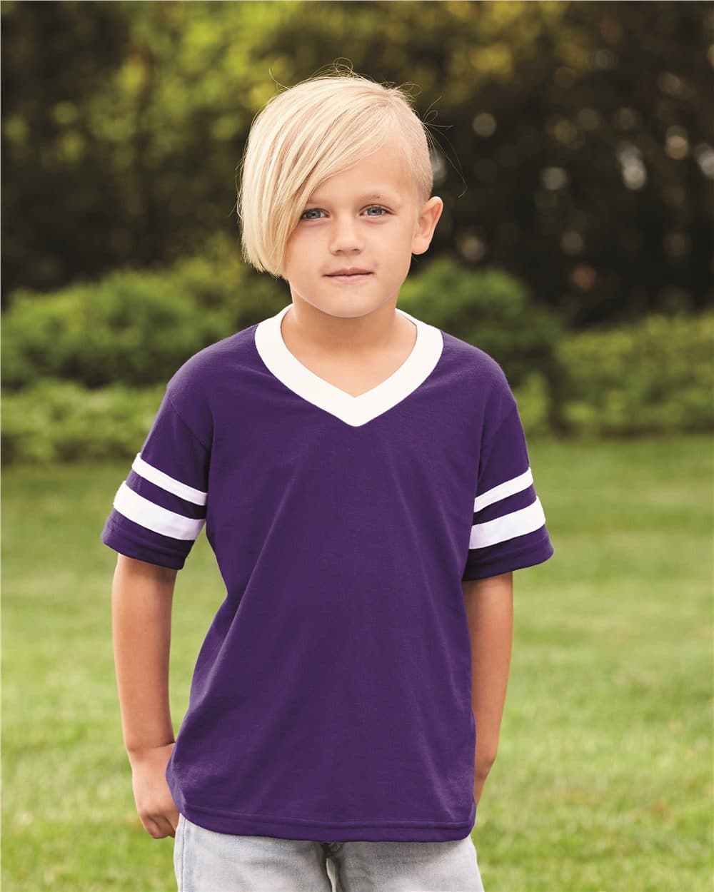 Youth V-Neck Jersey with Striped Sleeves